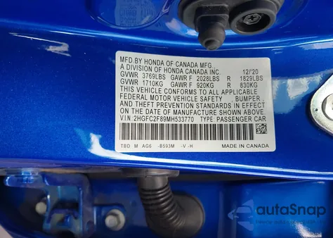 2021 Honda Civic Sport z USA, uszkodzony, nr VIN 2HGFC2F89MH533770